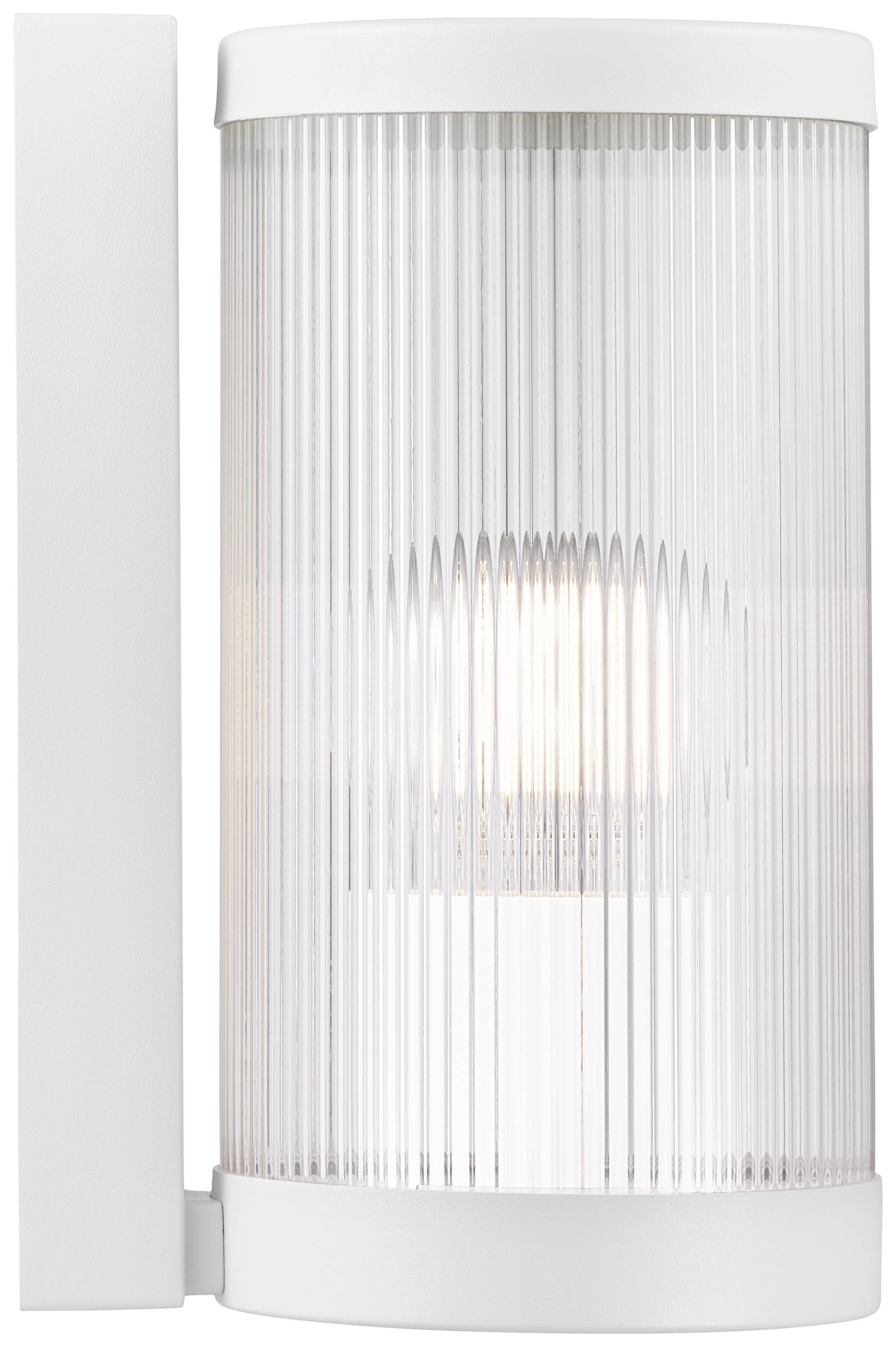 White, cylindrical outdoor light with fluted glass elements that diffuse light evenly.