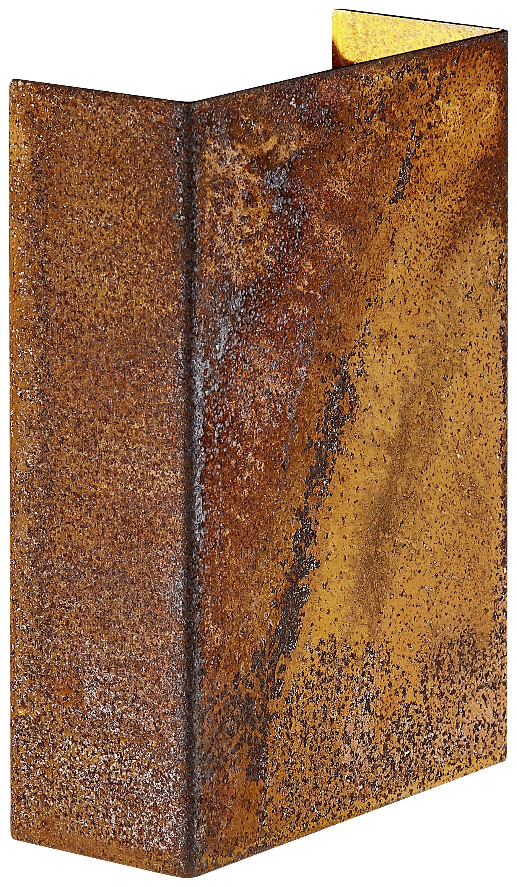 'L-shaped rusty metal plate with a rustic surface and visible patina.'
