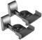 Two black, metal speaker brackets with adjustable arms and round bases, suitable for wall mounting.