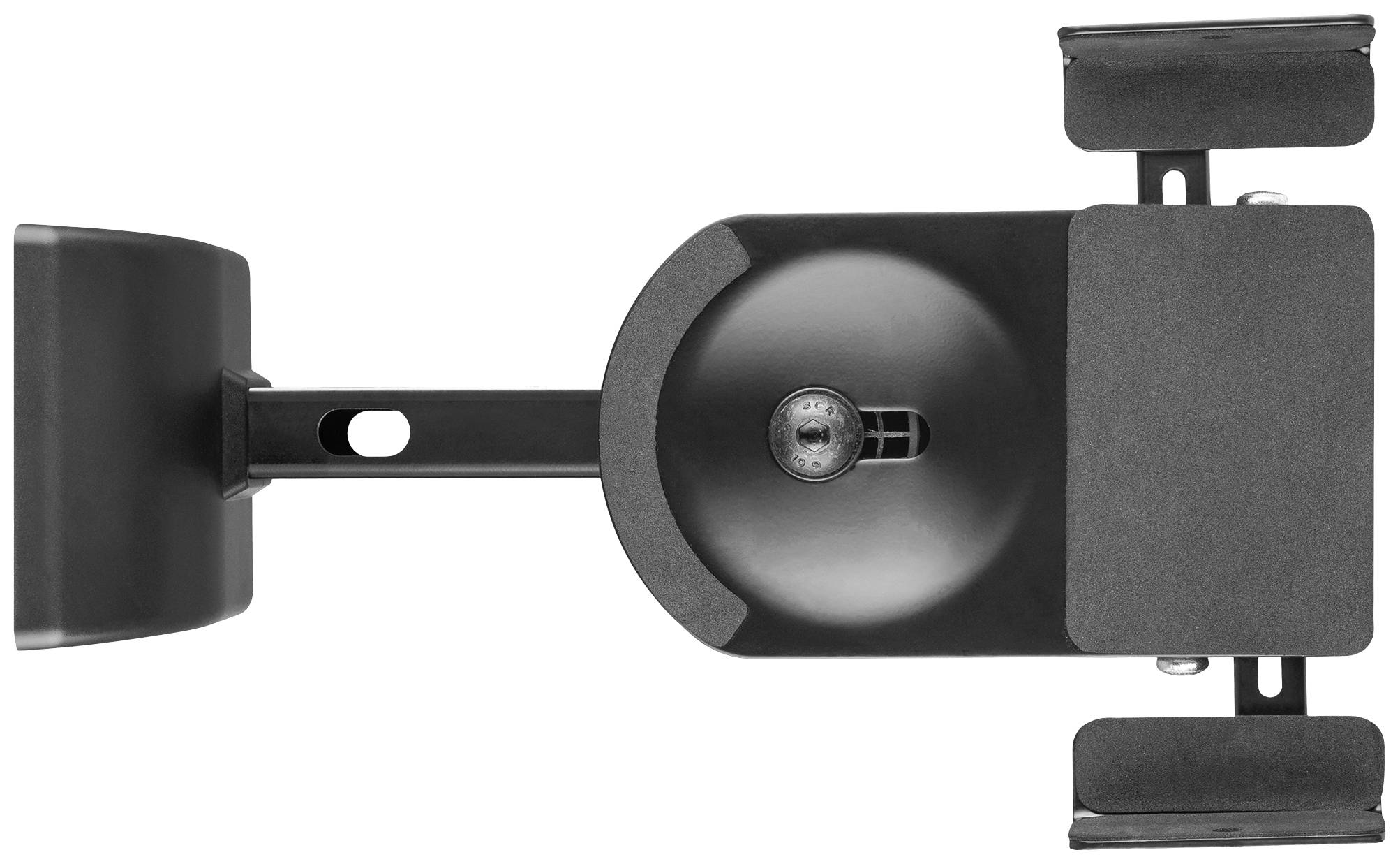 A black office chair mechanism viewed from above, with lever and mounting elements, primarily for height adjustment and tilt control.