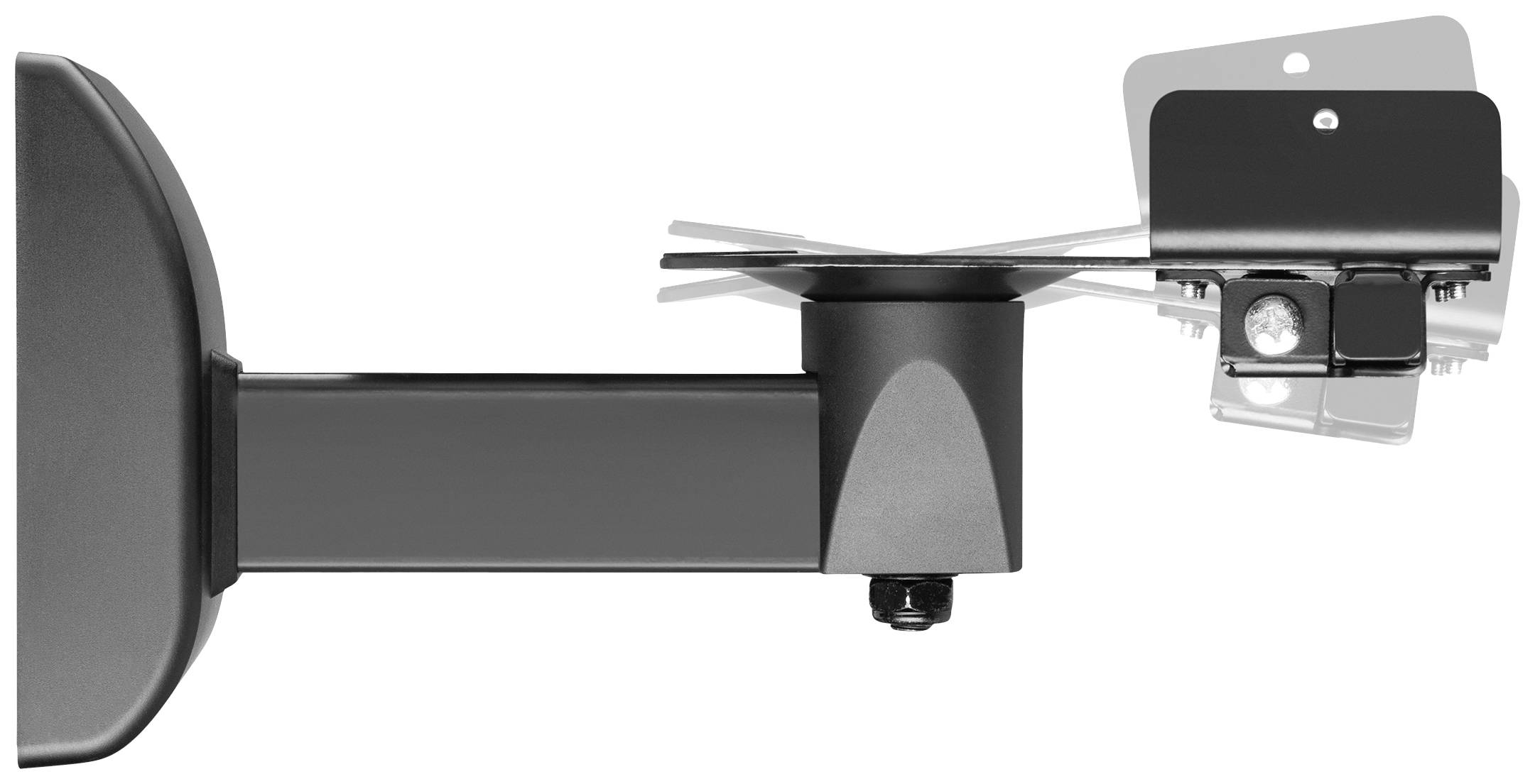 Black wall-mounted speaker bracket, side view. Adjustable mounting for various angle settings.