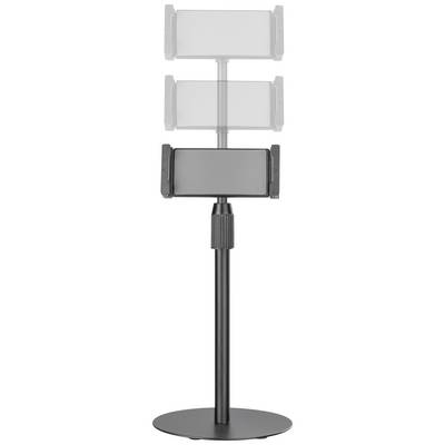 Black, height-adjustable stand with holder for tablets or smartphones, mounted on a round base. Suitable for hands-free use.