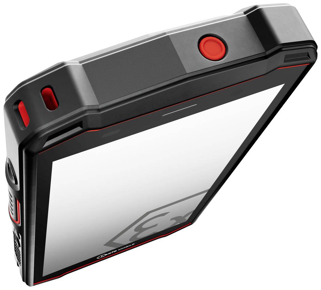 A robust, water- and dust-resistant smartphone in a protective case with a large screen and striking red details.