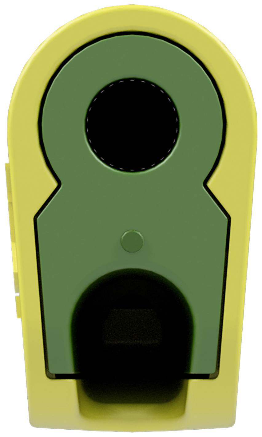 A yellow and green pencil sharpener viewed from the front, showing the opening for inserting the pencil.