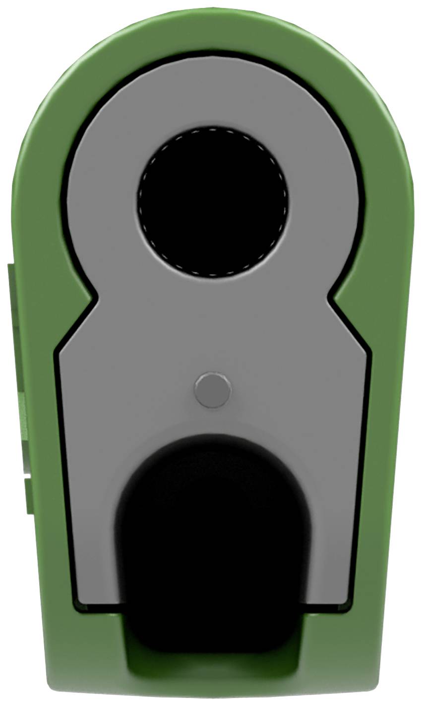 Green pencil sharpener with a black opening, viewed from the front.