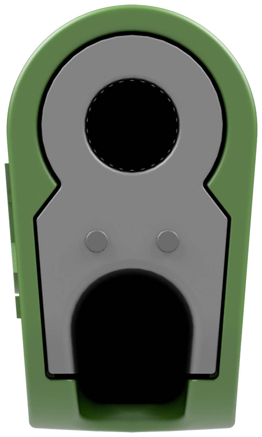 A green, cylindrical container with a large black opening and two round, grey buttons on the front.