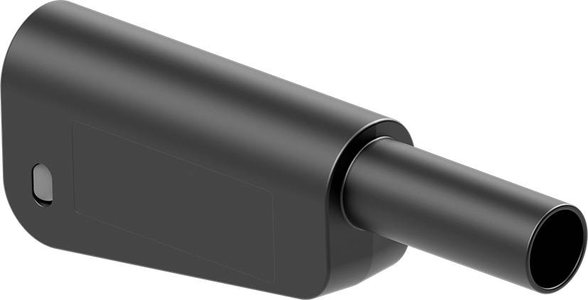 Black electronic device in cylindrical form with a rectangular housing, possibly a piece of technical equipment.