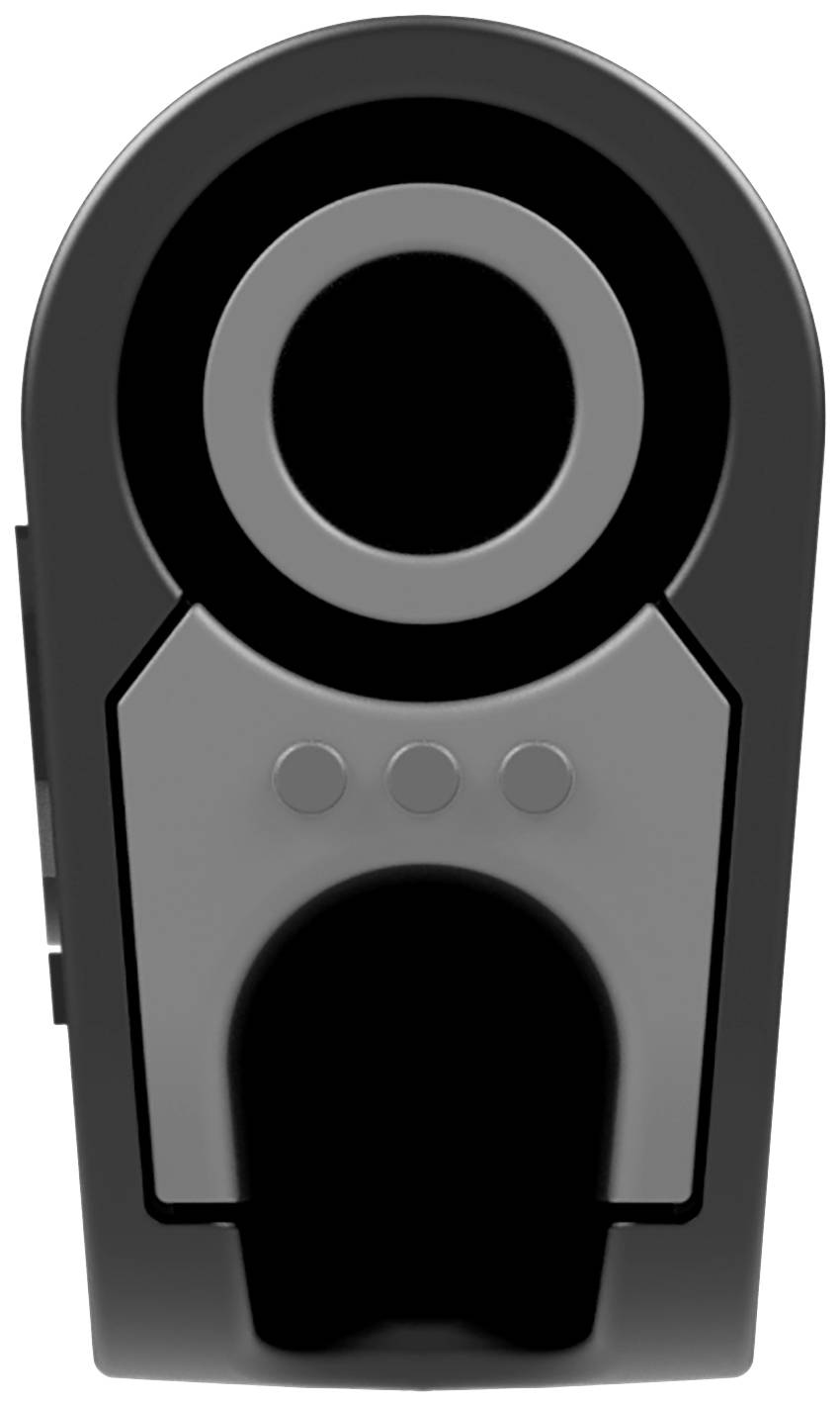 A modern, grey-black electronic device with a rounded top and a circular detail in the centre.