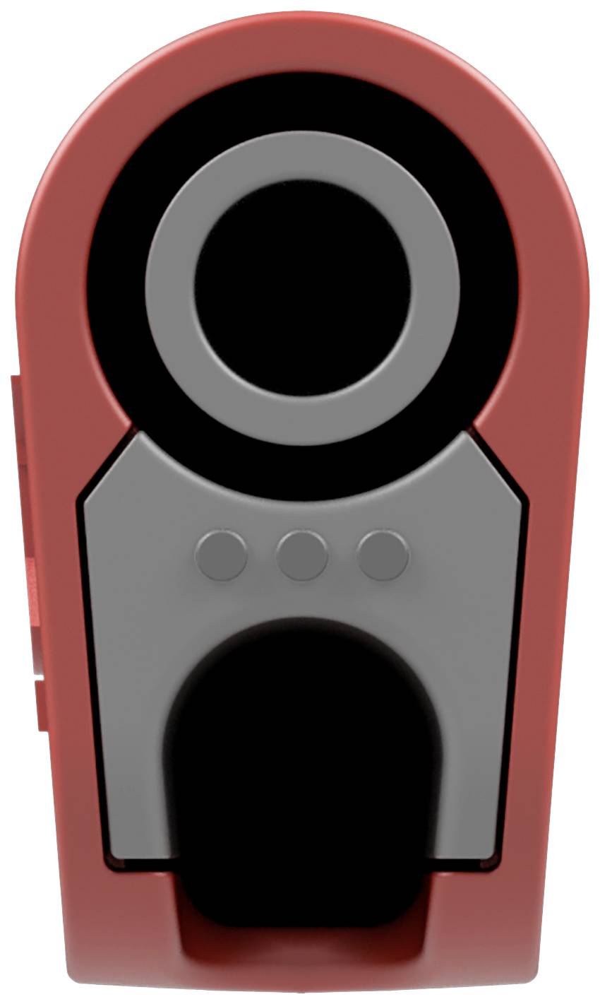 Black and grey cylindrical device with technical features, viewed from the front.