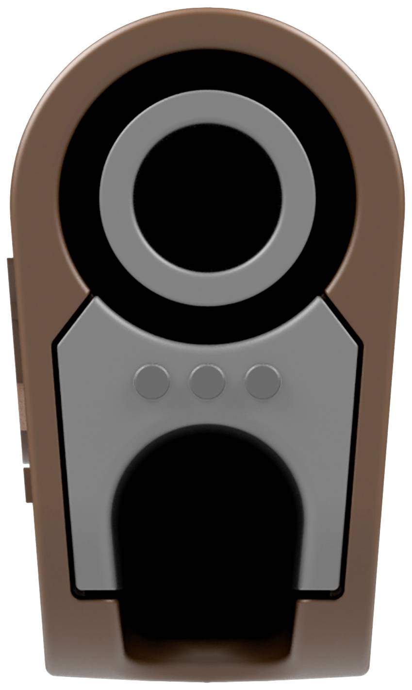 Brown, rounded electronic component with three small grey circles in the centre, likely a sensor or connector part.