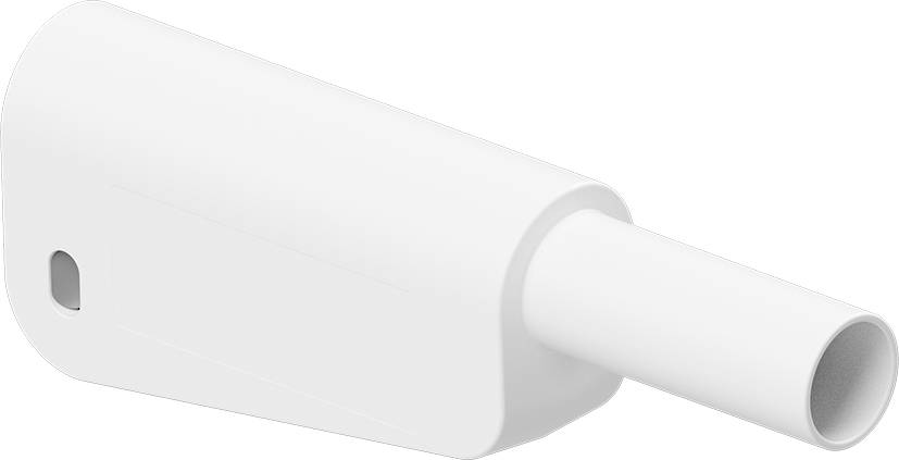 A white, cylindrical plastic attachment with an opening, possibly part of a cleaning device or vacuum cleaner.