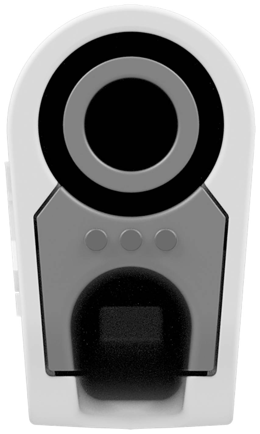 A white and grey electric pencil sharpener, with a central opening for inserting pencils and a black power switch.