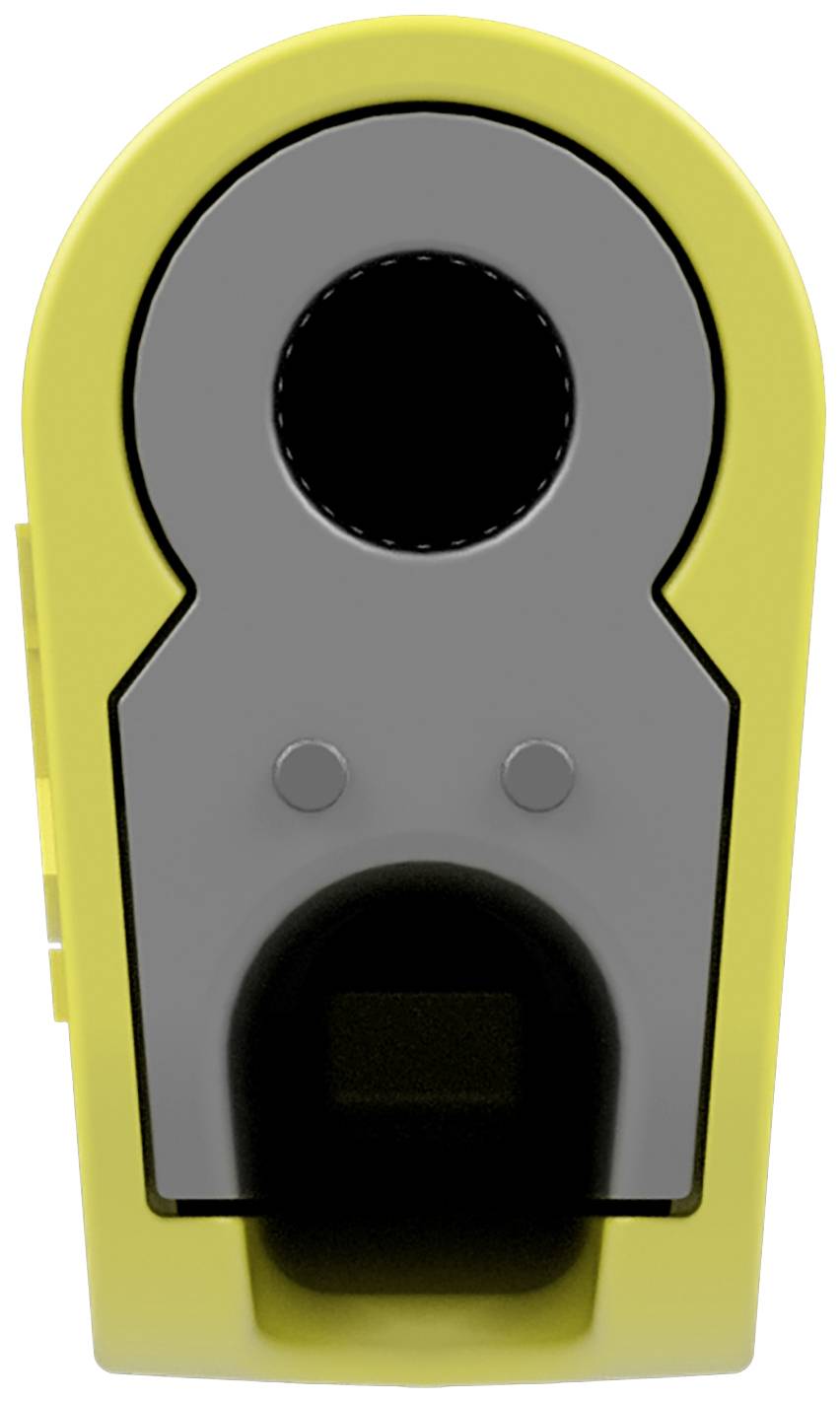 Yellow pencil sharpener in close-up, showing the open blade at the front. Primarily used for pens or pencils.