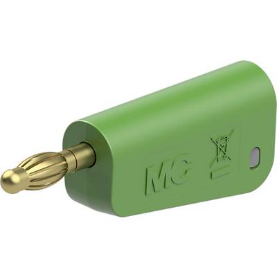A green adapter with a golden contact, with symbols for MC (medium) and a rocket imprinted on it.