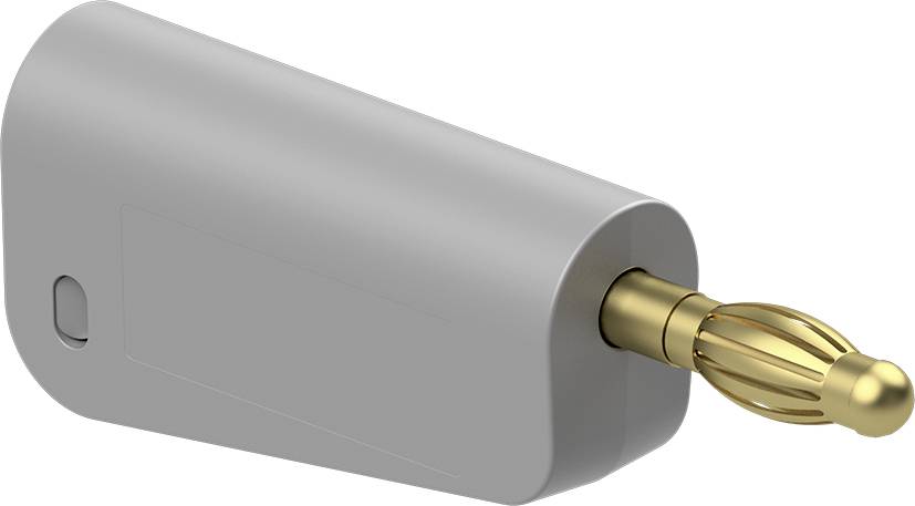 A grey, cylindrical adapter with a gold-coloured plug.