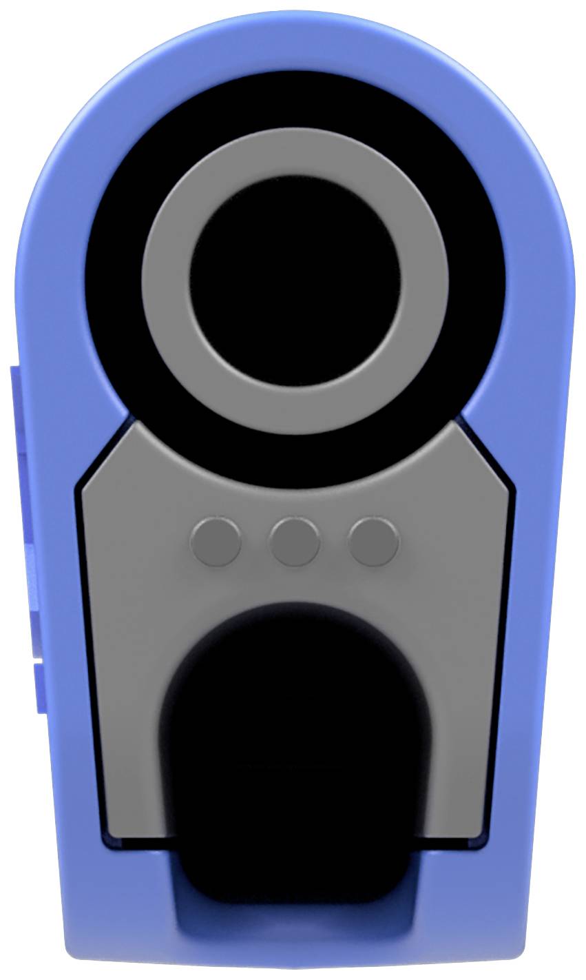 A blue pencil sharpener with a circular opening and black accents.