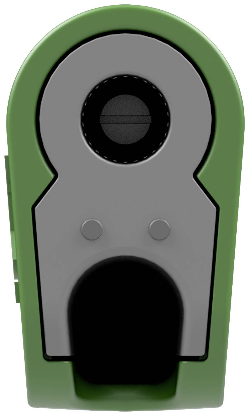 A green pencil sharpener in close-up, pictured head-on, shows the opening for inserting a pencil.
