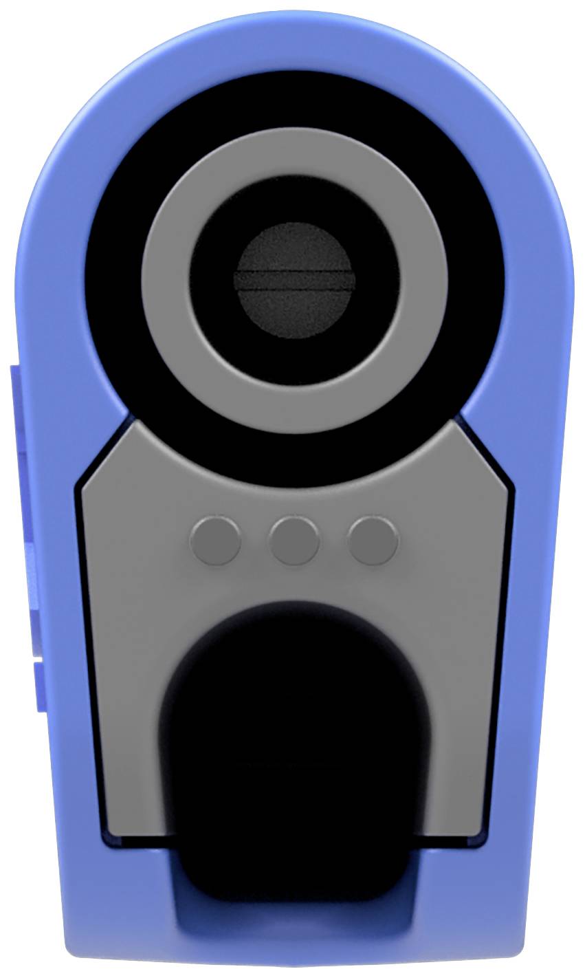 Blue pencil sharpener with a round opening and grey accents, pictured from the front.
