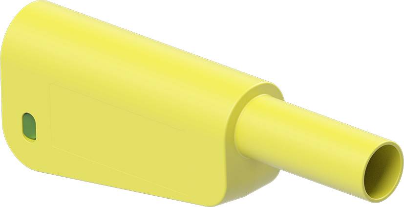 A yellow, tube-shaped device with a rectangular base and a small green button, likely a technical tool.