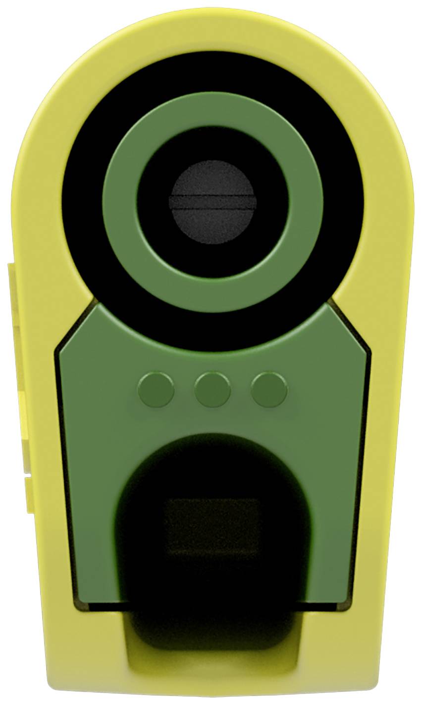 A yellow and green pencil sharpener, photographed head-on, shows the hole for pencils and details of the design.