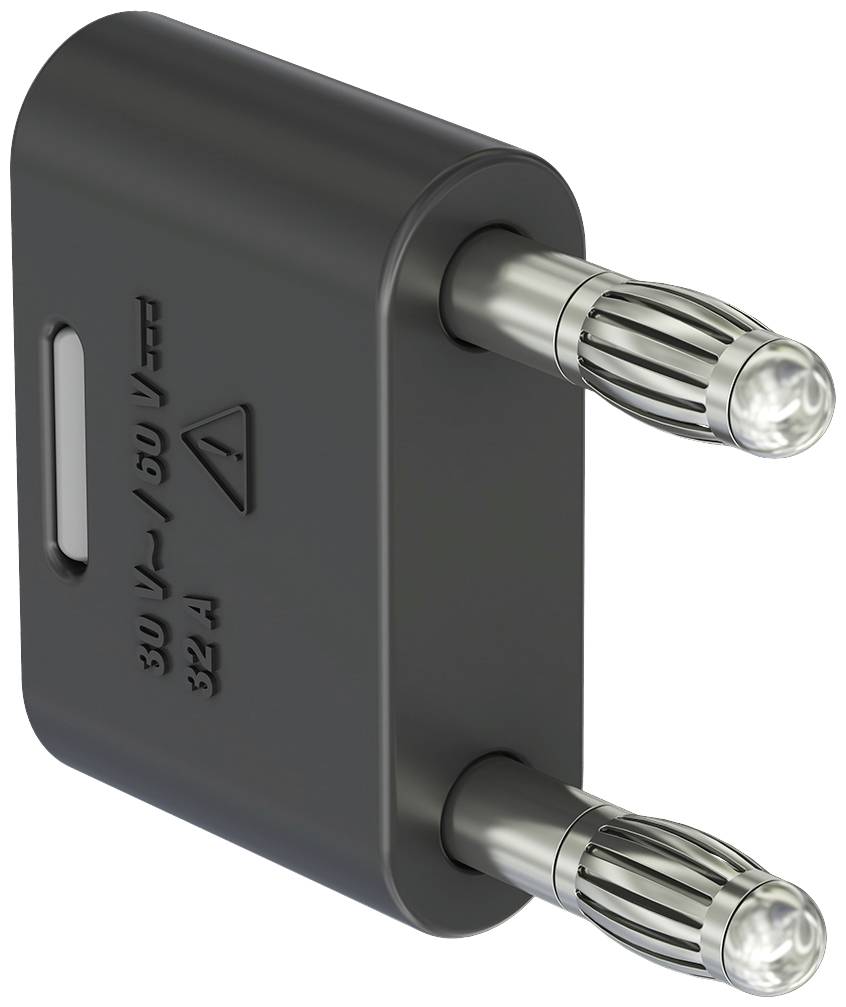 Two-pin electrical adaptor plug with metal pins and black plastic casing, with voltage marking.