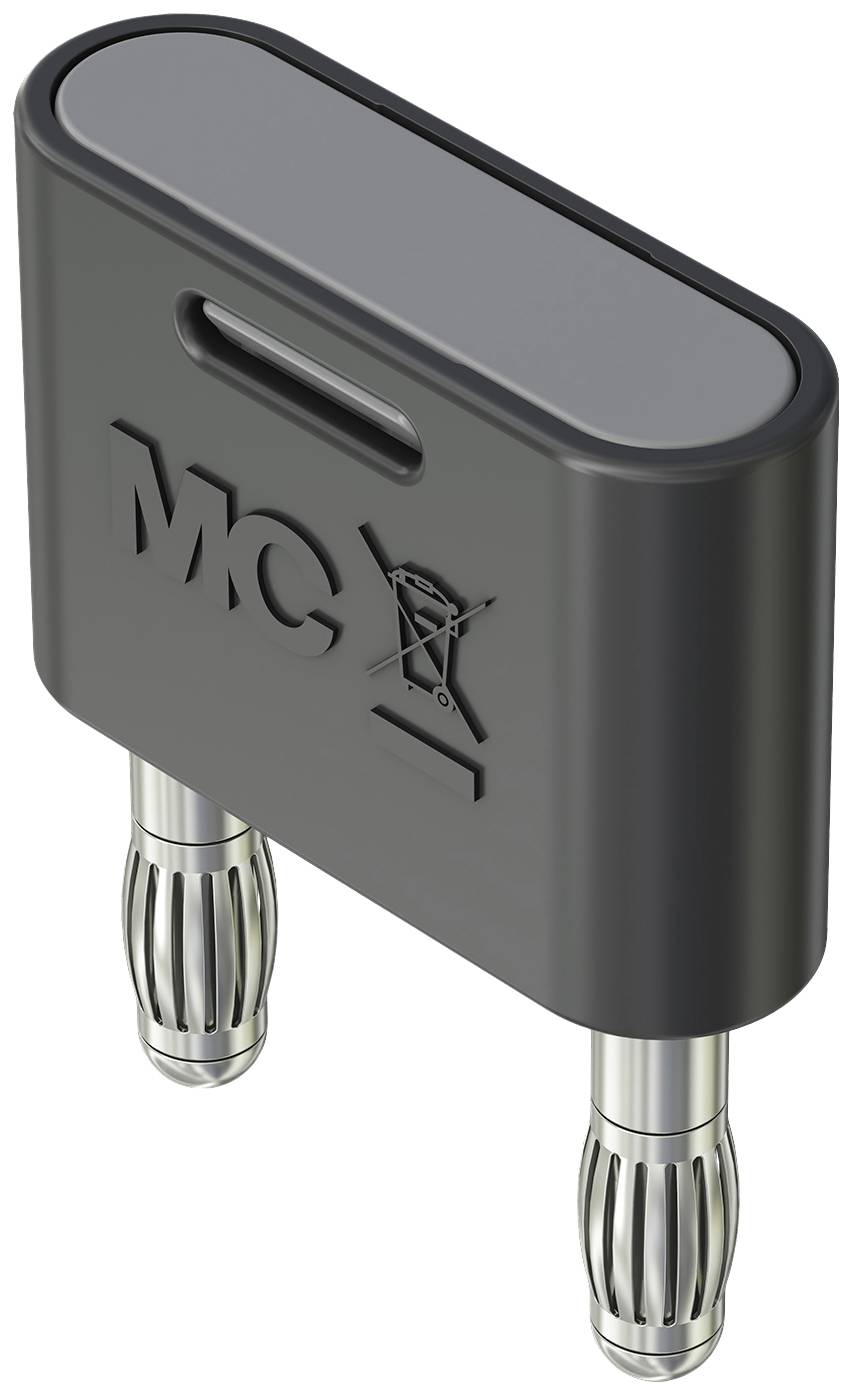 Black electrical connector housing with two silver contact pins, used for industrial applications.