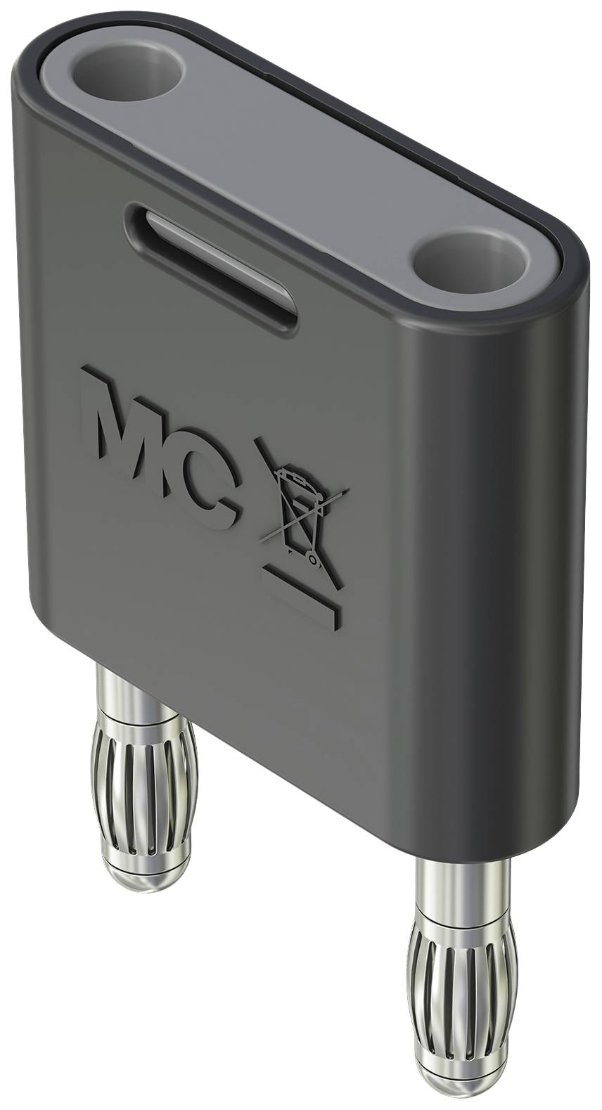 Black adapter with two silver connectors and 'MCX' inscription, for connecting electronic devices.