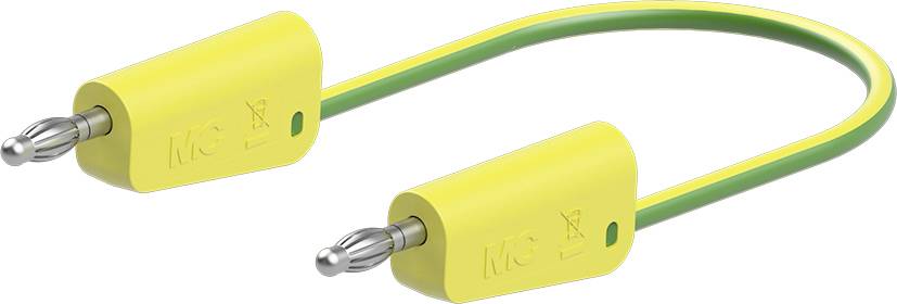 Yellow-green earthing cable with connectors at both ends, commonly used in electrical applications for grounding purposes.