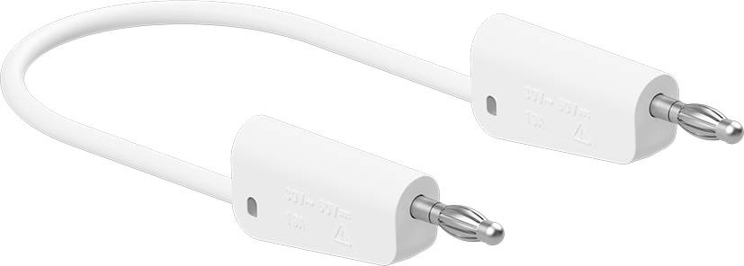 A white cable with two 3.5mm jack plugs at the ends, suitable for audio connections between devices.