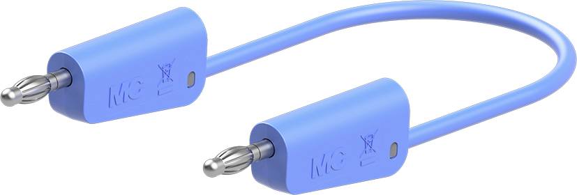 A blue, flexible electrical connection cable with two identical metal plugs at the ends, suitable for electronic devices.