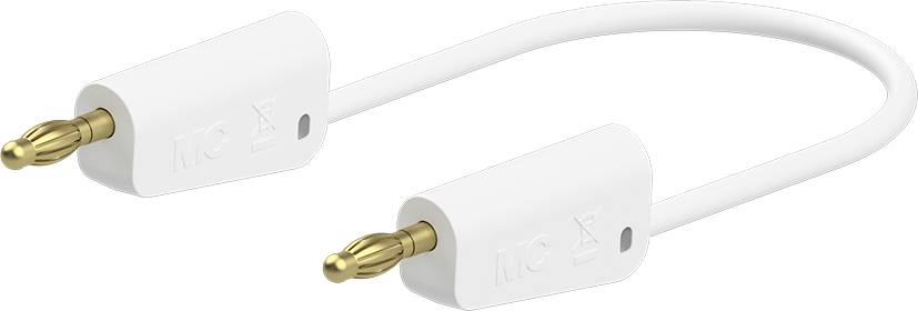 A white audio cable with two gold-plated connectors at each end, used for transmitting audio signals between devices.