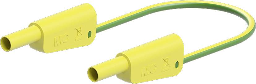 Yellow earthing link with green core, showing two insulated ends. Connected cable symbolises electrical safety.