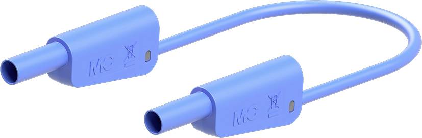 A blue, double-sided cable with two plugs, printed with 'MC' on them. It appears to be intended for electronic connections.