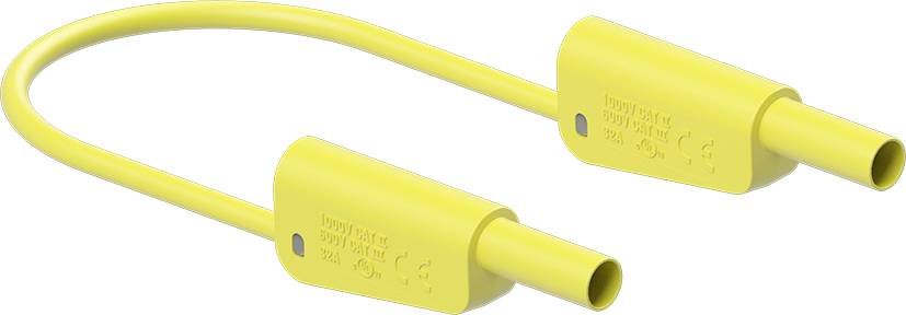 Yellow, flexible connecting cable with two identical ends. Contains small printed technical specifications and symbols.