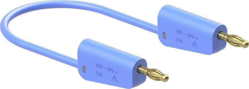 Blue cable with two gold-plated banana plugs, suitable for voltages up to 50V and current strengths up to 32A, with markings.