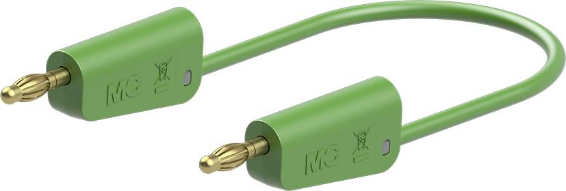 A green cable with two golden connectors at its ends, suitable for electronic connections and measurements.