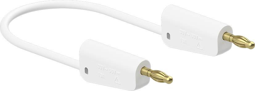 White audio cable with two gold-coloured connectors. A white cable is connected.