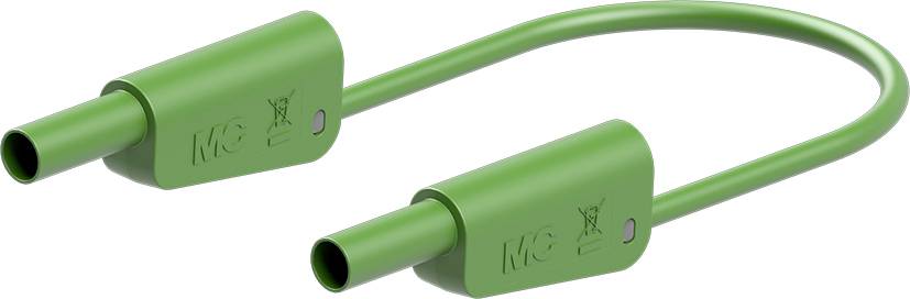 Green charging cable with two connectors, curved in a U-shape, on a white background.