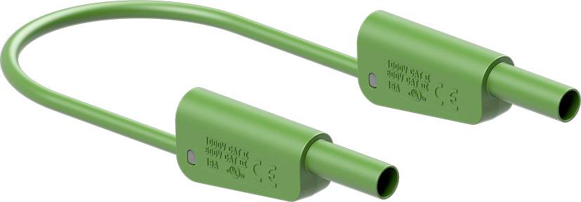 A green, U-shaped cable with two identical ends. Technical specifications are printed on both ends.