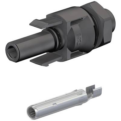 Black connector plug and metallic socket in close-up, showing the main components of an electrical connector system.