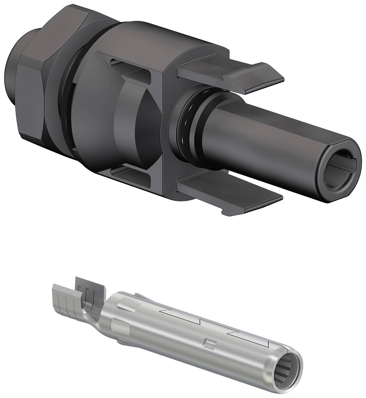 Connector component in black metal at the top, silver pin connection component at the bottom. Both showing technical details.