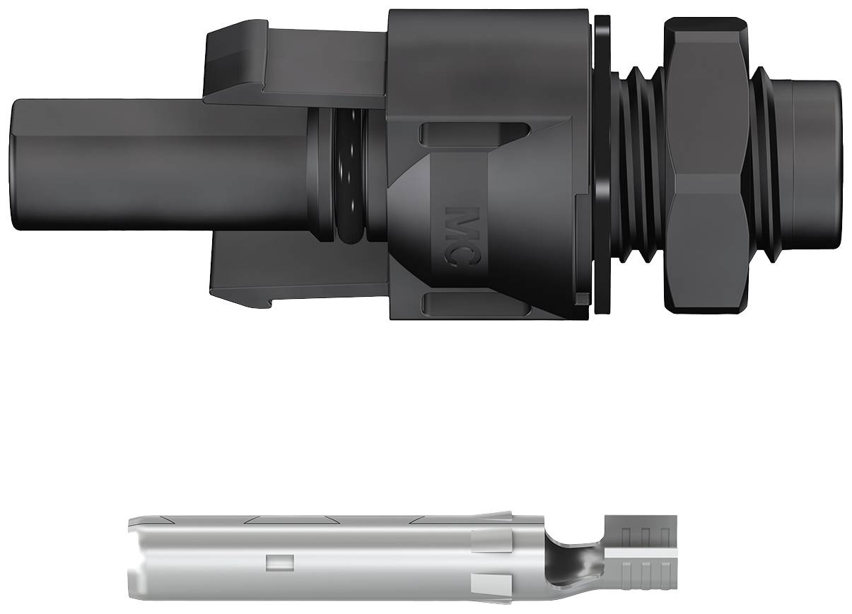 A black connector with a threaded screw and socket. Below is a cross-sectional view of the plug.