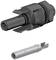 Black connector and metallic contact used as electrical connection components.