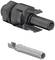 A black and a silver engineering component are positioned side by side. The upper part is larger and cylindrical with milled details.