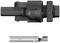 Black, cylindrical connector with a plastic housing and thread. Beneath it, a separate internal component unit, shown in perspective.