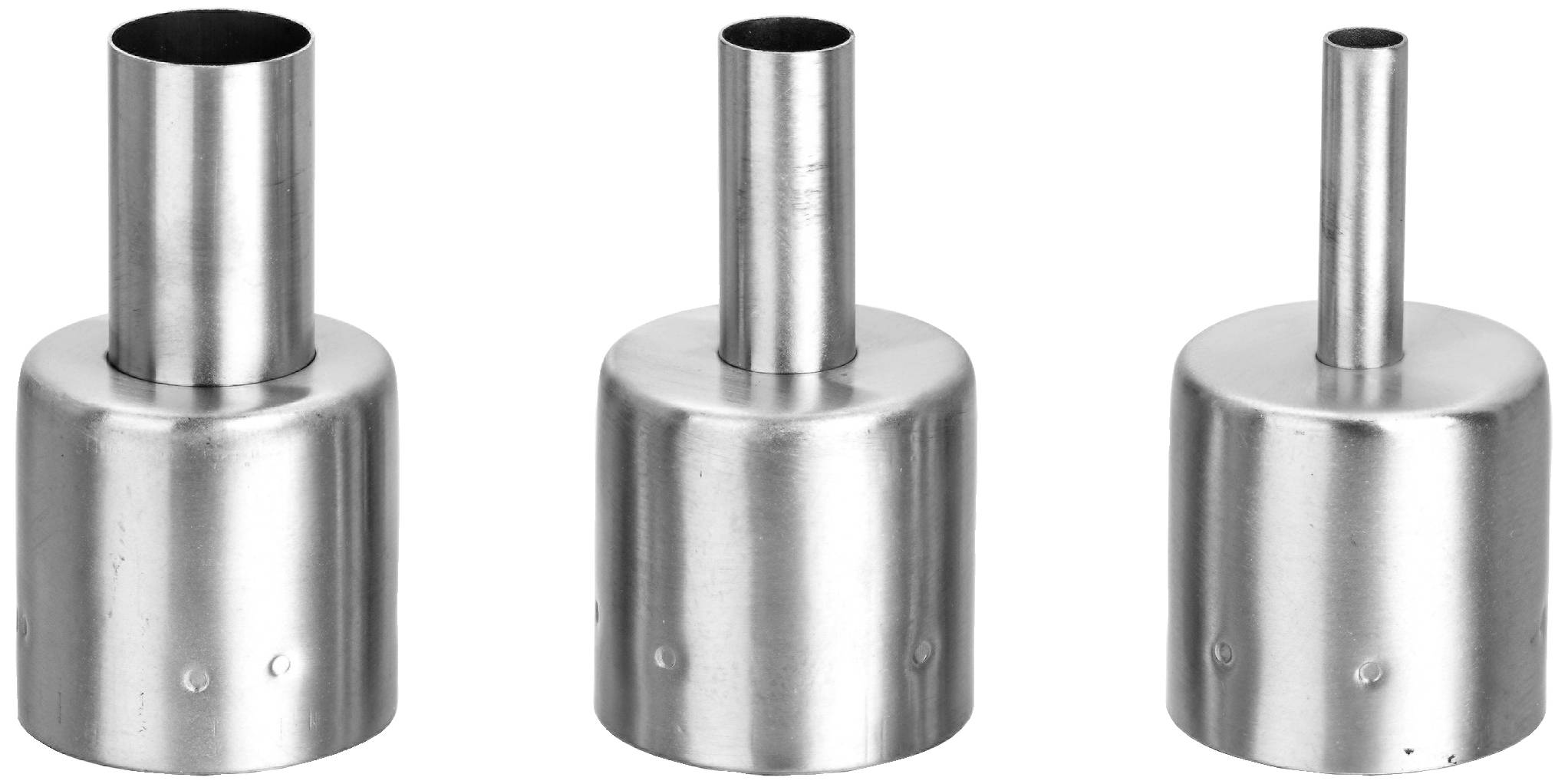 Three round stainless steel tubes of different sizes stand upright next to each other. All have a wider base and taper towards the top.
