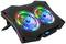 Laptop cooler with two large, illuminated fans in rainbow colours, black mesh design, digital display at the bottom.