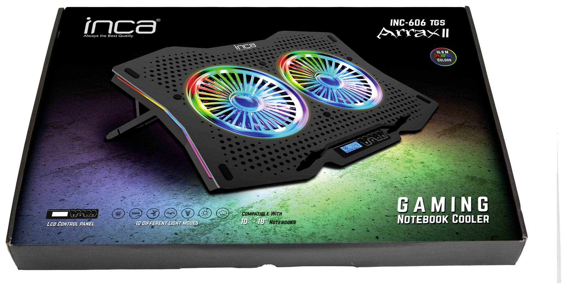 External packaging of a gaming laptop cooler with RGB lighting and two fans. Brand name 'INCA' at the top left.