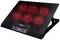 Laptop cooler with six red-illuminated fans and an adjustable stand. At the bottom, there is a control panel with operation buttons.
