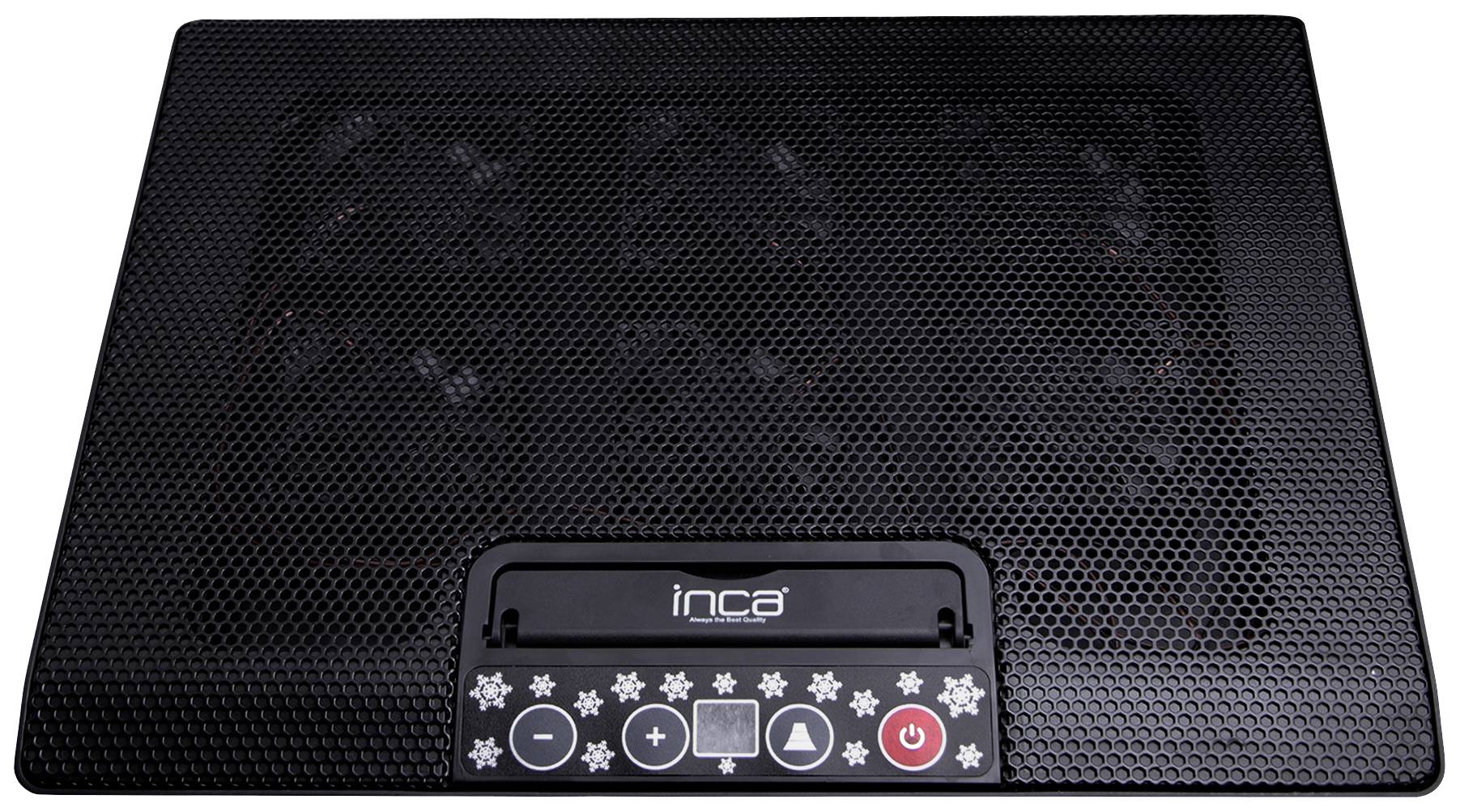 Black insect trap with hexagonal grid, with control panel underneath featuring symbols for On/Off, fan and light; brand 'Inca'.